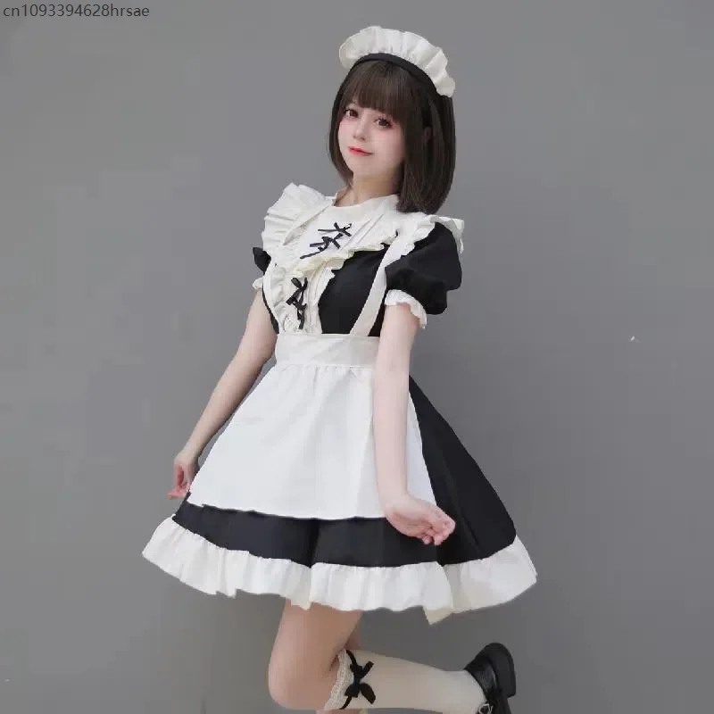 2025 French Lace Maid Dress with Apron Lolita Black Medieval Style Dress Short Sleeved Wear Carnival Cosplay Costume
