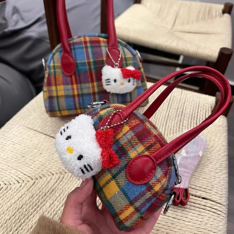 Miniso Vintage Hellokitty Red Shell Bags Plaid Patchwork Cute Small Handbags Two Size Kitty Doll Messenger Bags Kawaii Bag Girls