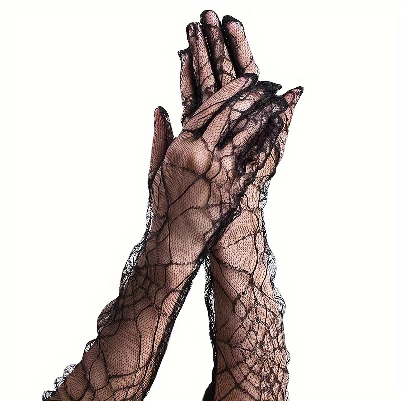 1Pair Black Halloween Gloves Gothic Long Spider Web Hollow Out Gloves Arm Sleeves Party Women Sexy Half Finger Lace Mesh Mittens