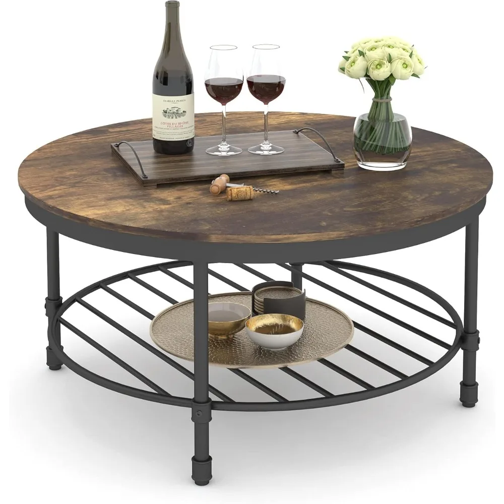 

Gezen 2-Tier Round Coffee Table, Industrial Coffee Table for Living Room, Wooden Tabletop Rustic Steel Accent Table with Storage