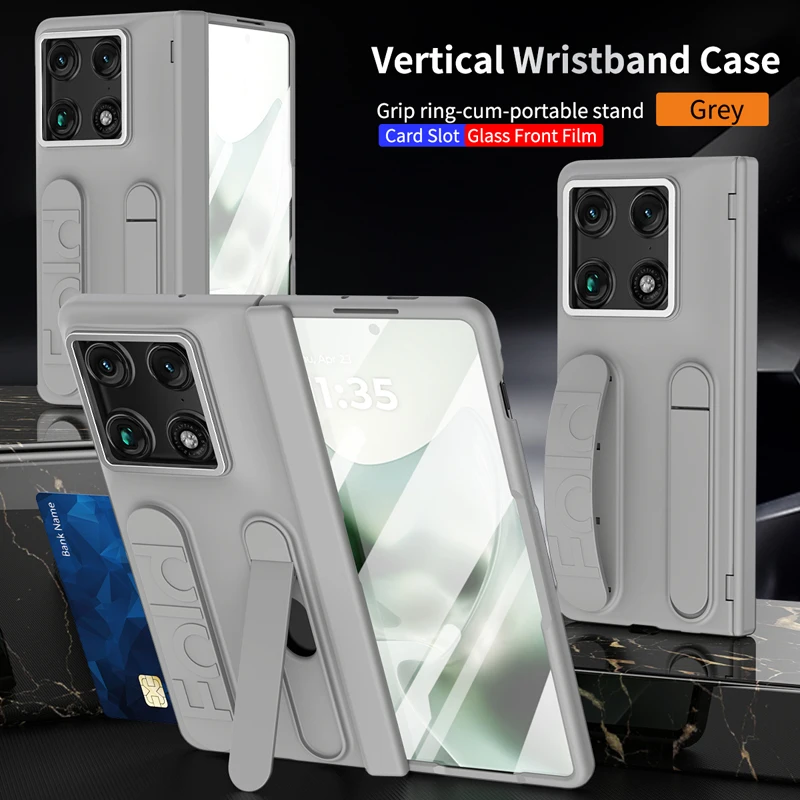 

For Motorola Moto Razr Fold Case ELVEV Wristband Hinge Protection Hard Folding Kickstand Cover With Glass Card Slot