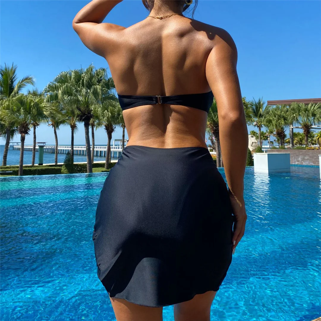 3-teiliges Set mit Rock, Bandeau-Bikini, Metallring, Damen-Badeanzug, dreiteiliger Bikini, Badebekleidung, Badeanzug, Schwimmkleidung V6954 – Detail 4