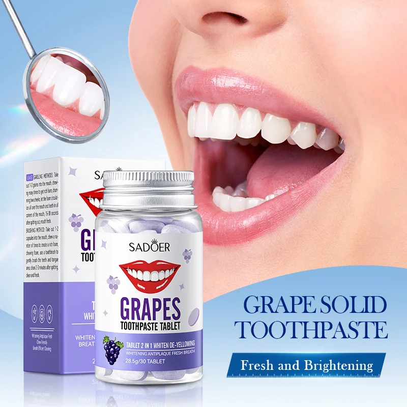 

Brightening Toothpaste Tablets Cleaning Teeth Oral Odor Treatment Fresh Breath Remove Teeth Stains Portable Grape Flavor