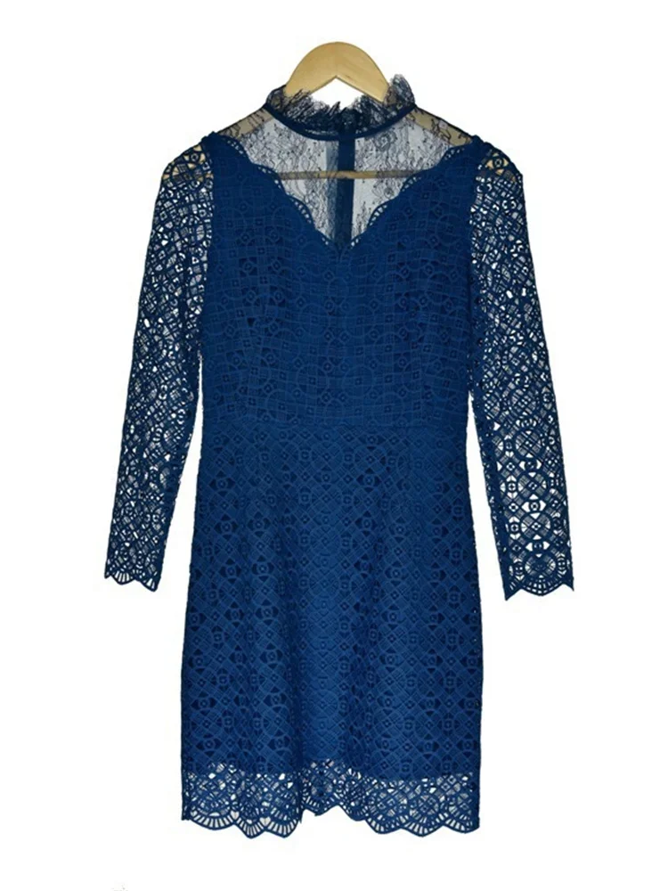 

Женское платье с длинным рукавом, голубое элегантное мини-платье с кружевной вышивкой и оборками на воротнике