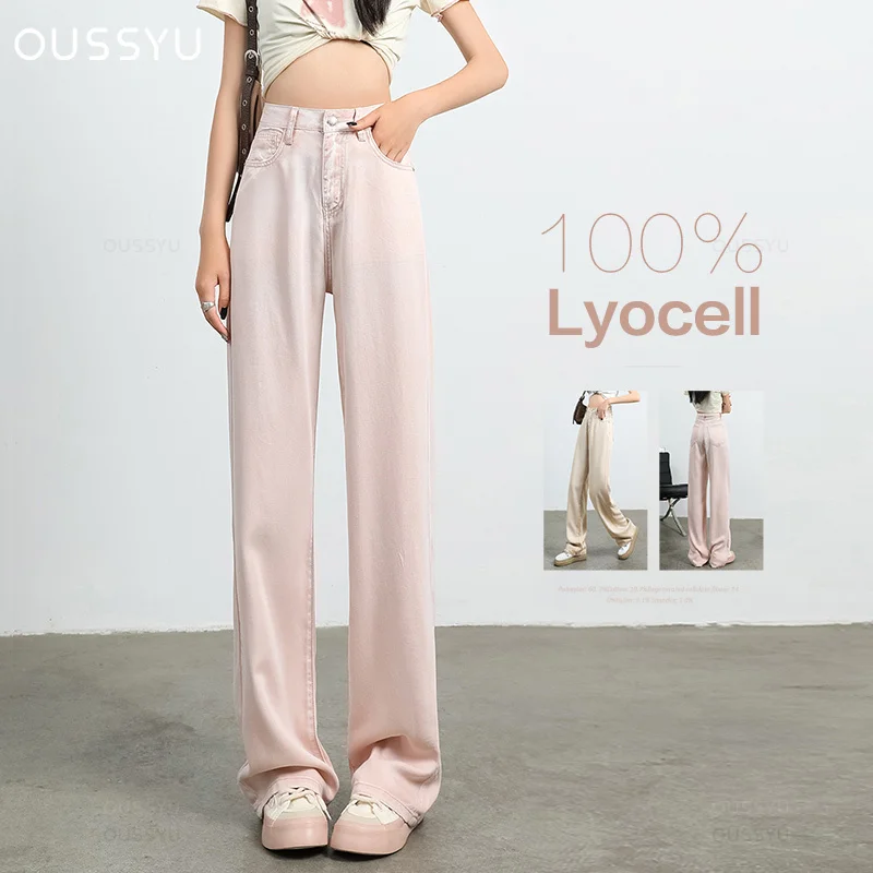 

Summer Soft Lyocell Fabric Woman Jeans Loose Wide Leg Straight High Waisted Thin Pant Fashion Comfort Pink Casual Trousers