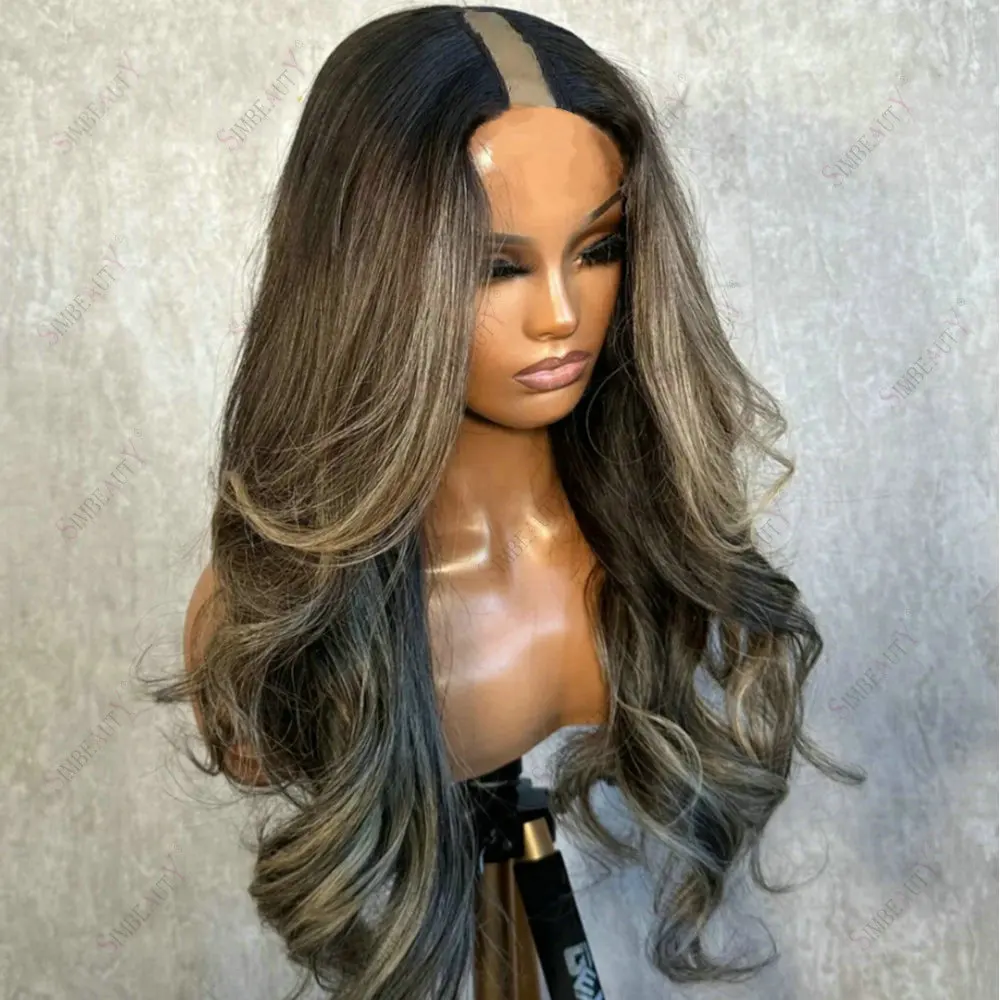 Damenperücke, lange, gewellte, aschblonde Haare mit Highlights, 1x4-Größe, U-Part-Perücke, aus Echthaar, Remy-Indisches Haar, klebefreie V-Part-Perücke mit Clips. – Detail 3