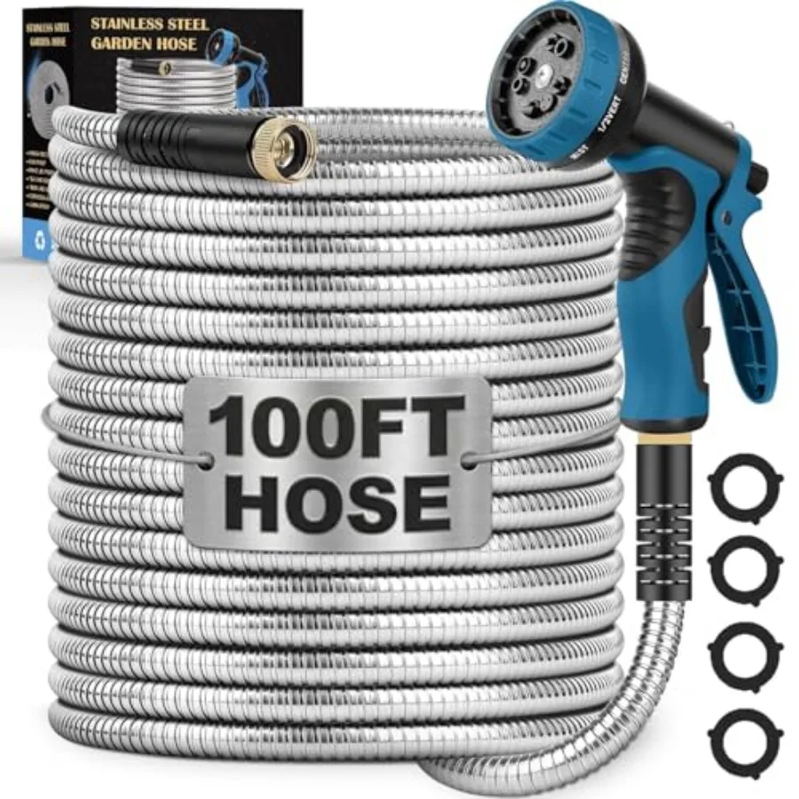 

Metal Garden Hose 100Feet Stainless Steel Garden Hose 3/4" GHT Solid Brass Connectors Heavy Duty Flexible Metal Water Hose with