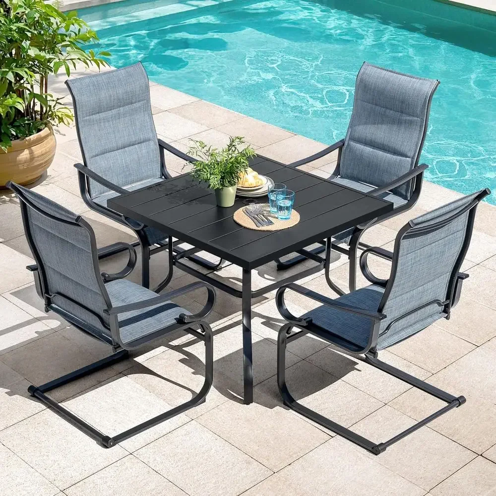 

Blue 5-Piece Outdoor Patio Dining Set with Square Metal Table and Padded Chairs for All-Weather Use
