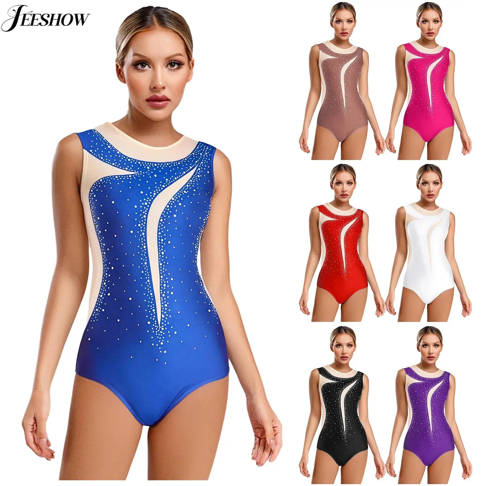 レディース体操ダンスレオタードカラーブロックメッシュパッチワークノースリーブボディスーツバレエダンスパフォーマンス衣装ダンスウェア