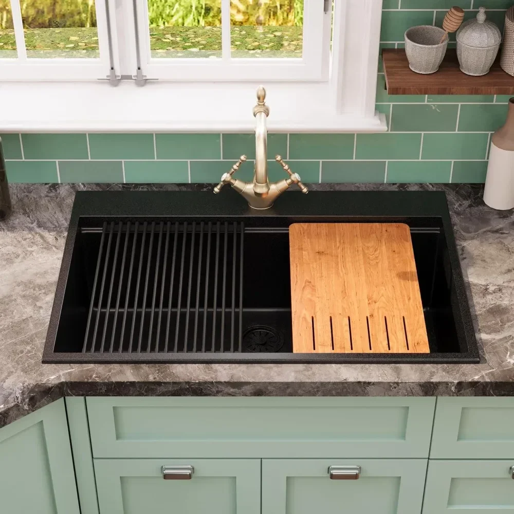 

Granite Composite Drop In Kitchen Sink, Large Kitchen Sink, Top Mount Single Bowl Kitchen Sink with Integrated Ledge