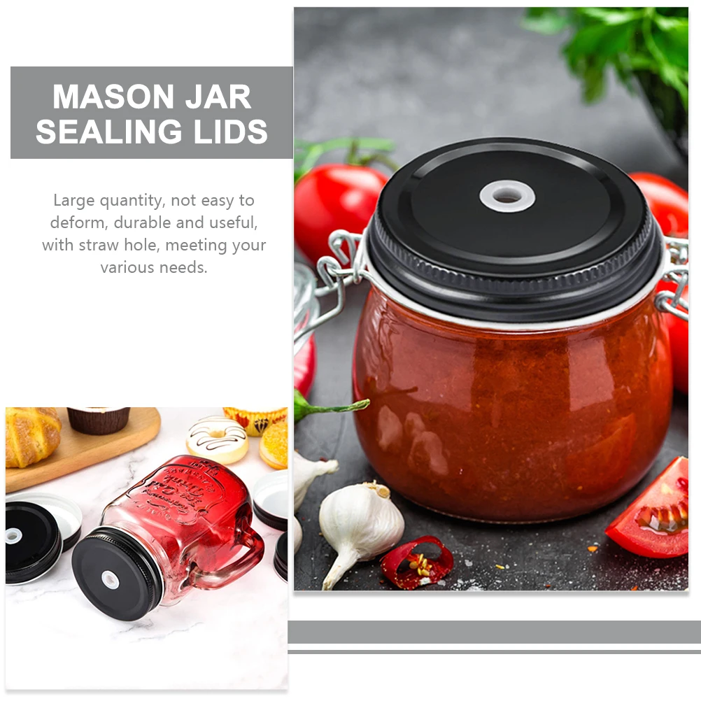 

20 pcs Black Straw Hole Mason Jar Lids 70mm Regular Mouth Tinplate Sealing Canning Supplies Reusable Leak Proof Metal