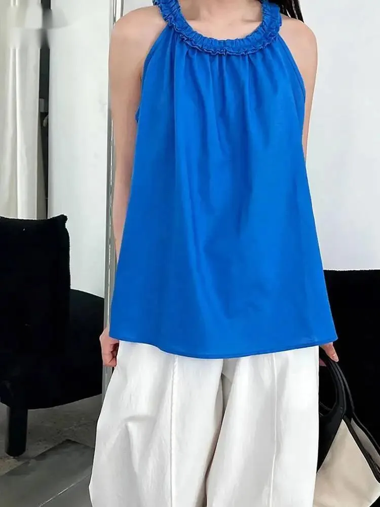 

Женские синие элегантные топы на бретелях с оборками, новые модные топы без рукавов с круглым вырезом, весна-лето