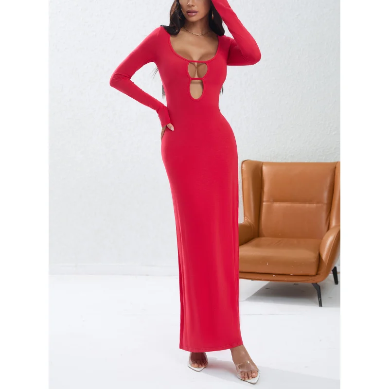 YQ1-المرأة الخريف والشتاء جديد سليم صالح Bodycon مثير الجوف خارج فستان طويل فستان الحفلات #1