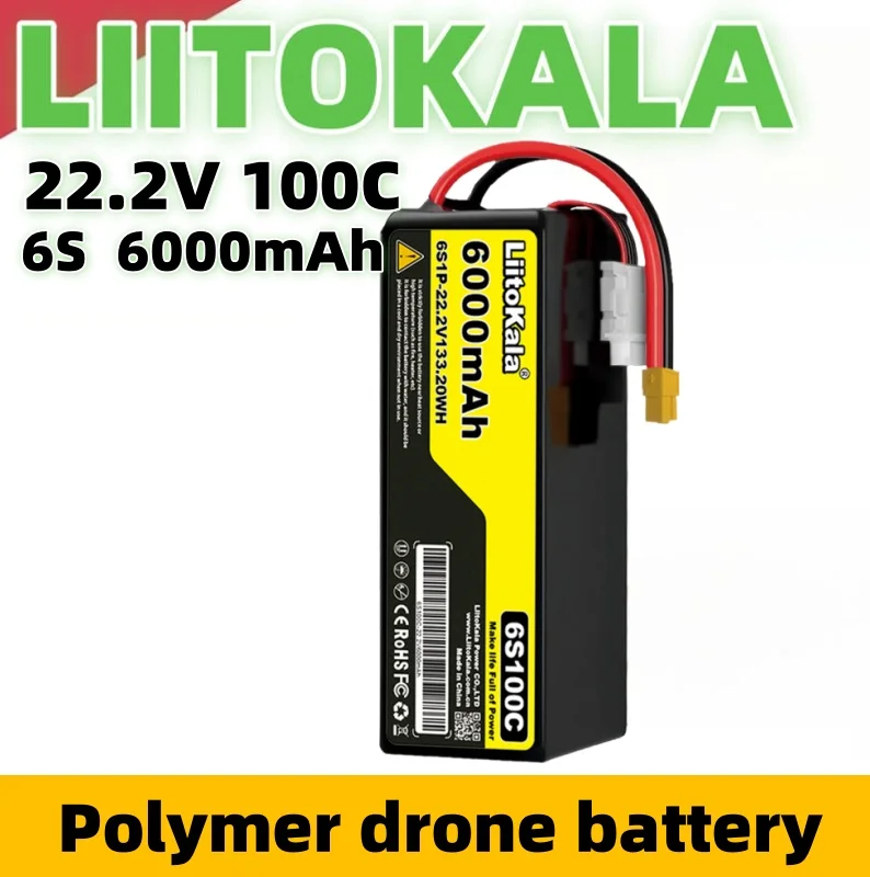 LiitoKala 6S 22,2 V 6000 mAh polymeer-lithiumbatterij 100C-ontladingsnelheid Geschikt voor op afstand bestuurbare drones, helikopters, aerom