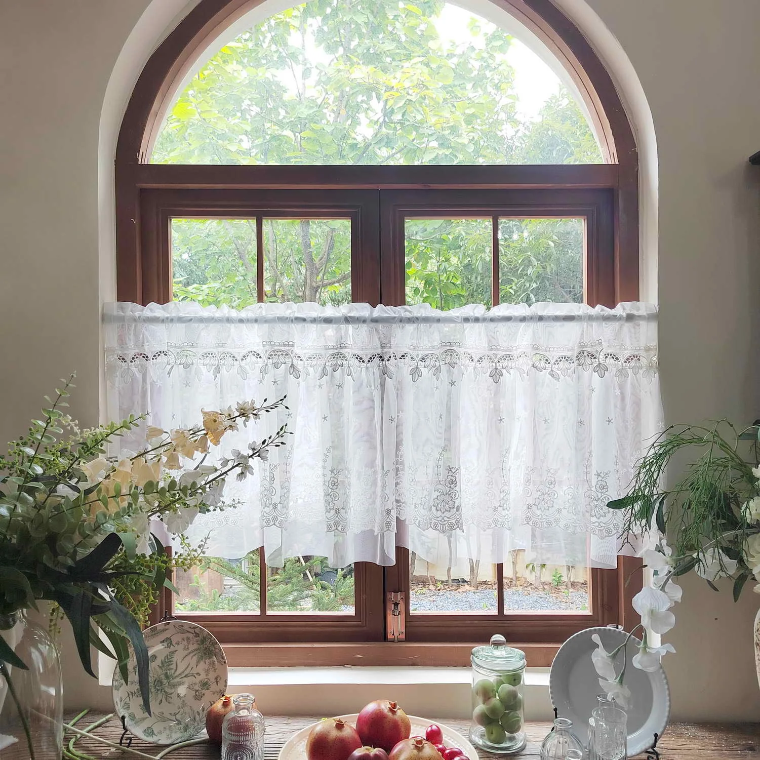 White Floral Embroidery Short Curtain Rod Pocket Double Layer Valance for Living Room, Bedroom, Cabinet