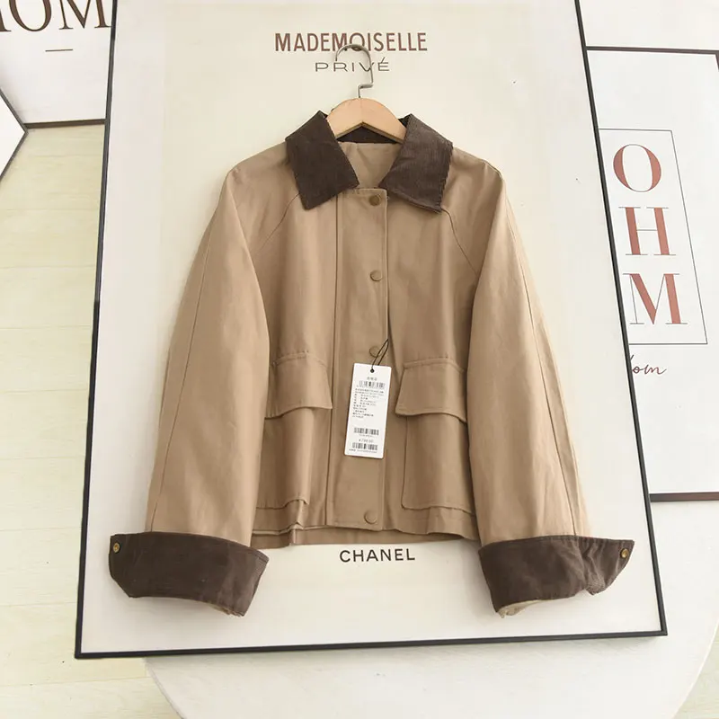 

Женская повседневная куртка цвета хаки, осенняя новинка, свободный крой, укороченная, с воротником, тонкая, для женщин