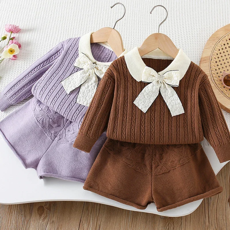 2026 New Spring 2-6Yrs Children Knitted Clothes Suit Baby Girl Knitted Clothes Set Long Sleeved Pullover Sweater+Shorts