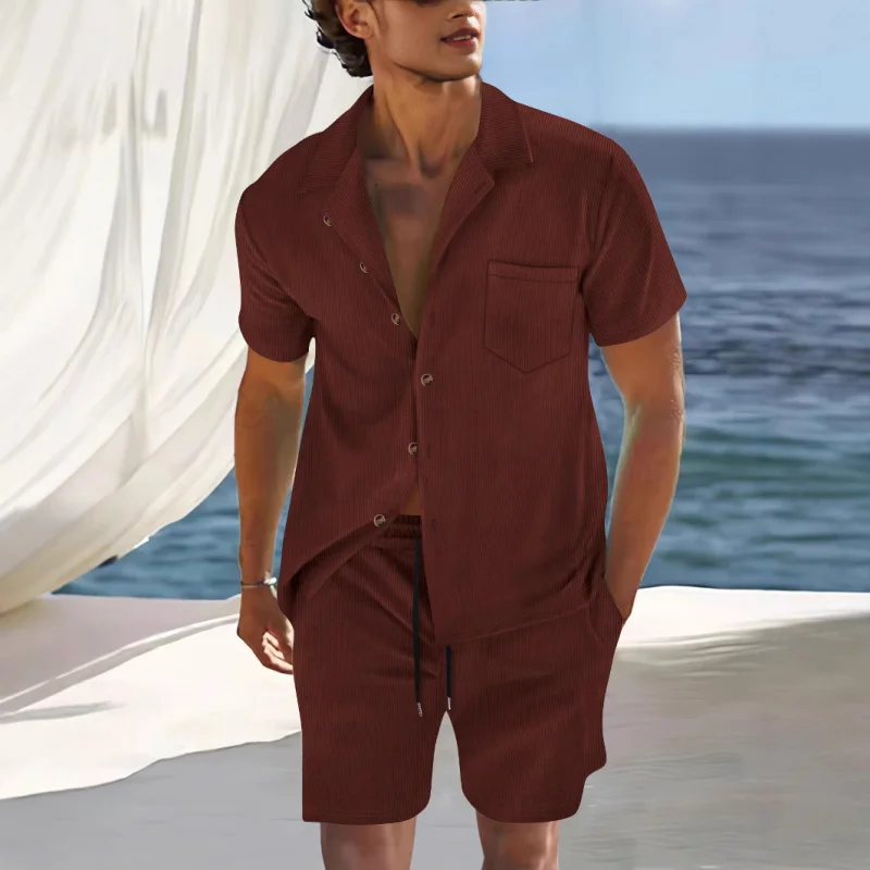طقم قميص رجالي صيفي رفيع بياقة كوبية وأكمام قصيرة ملابس رياضية كاجوال مع شورت