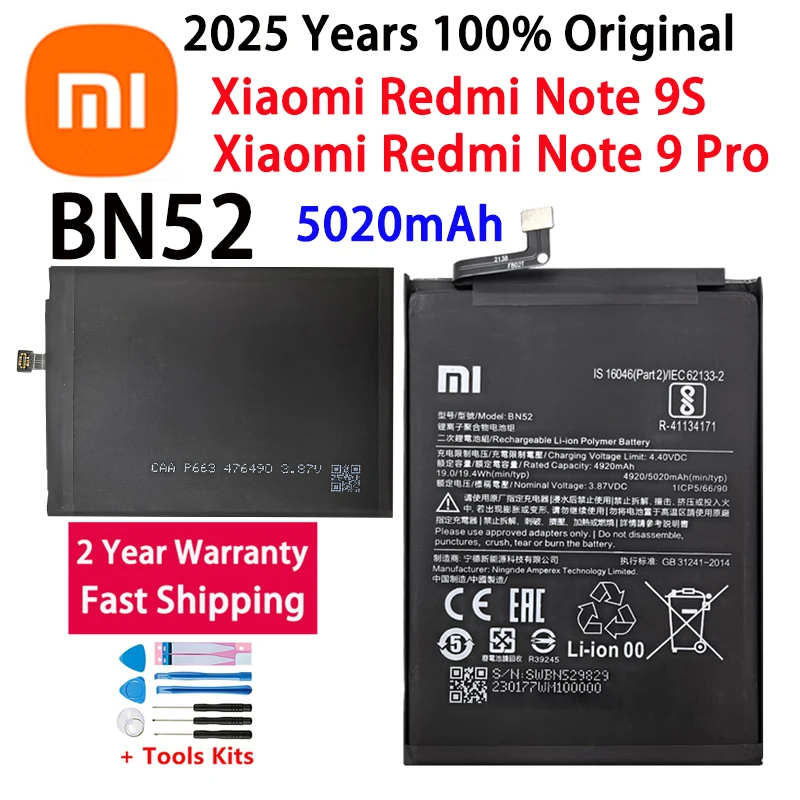 

2025 Years 100% Original BN52 5020mAh Battery For For Xiaomi Redmi Note 9S Note 9 Pro Phone Replacement Batteries Fast Shipping