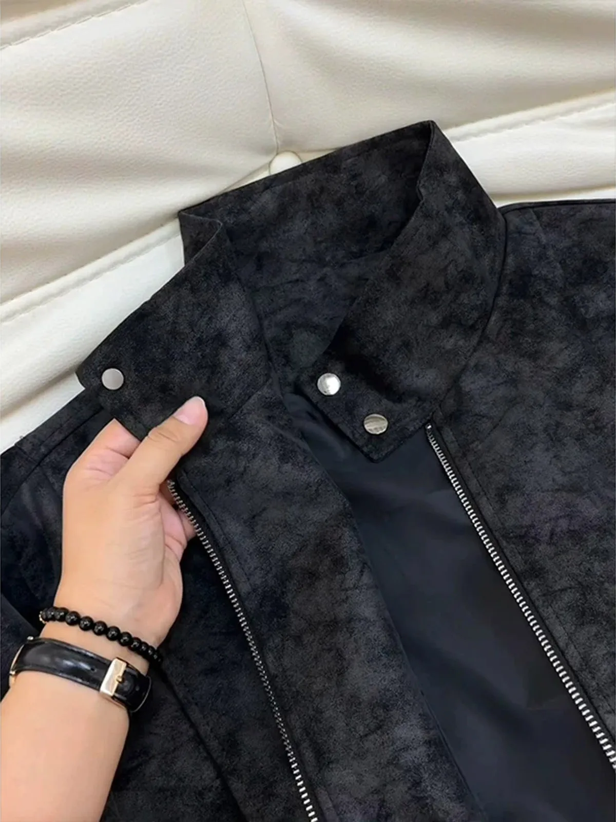 American Style Deconstructed Dyed Short PU Leather Biker Jacket Men's Autumn Three-Resistant Baseball Workwear Style Coat