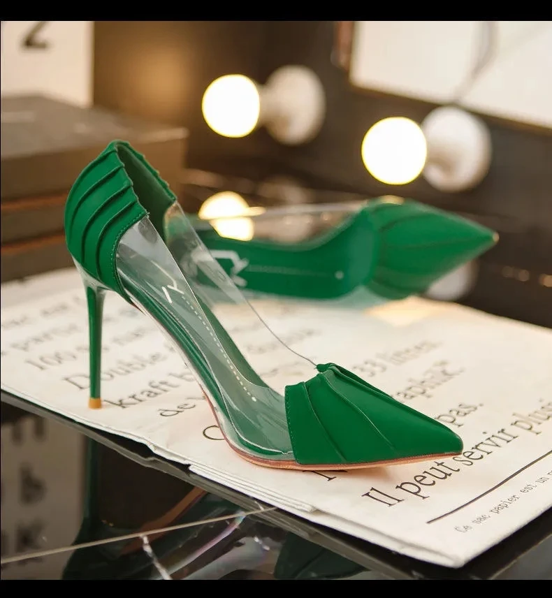 New Woman Pink Pumps Luxury Designer Metal Pointed Stiletto Shallow Mouth Single Shoes High Heels Women Green Party Shoes