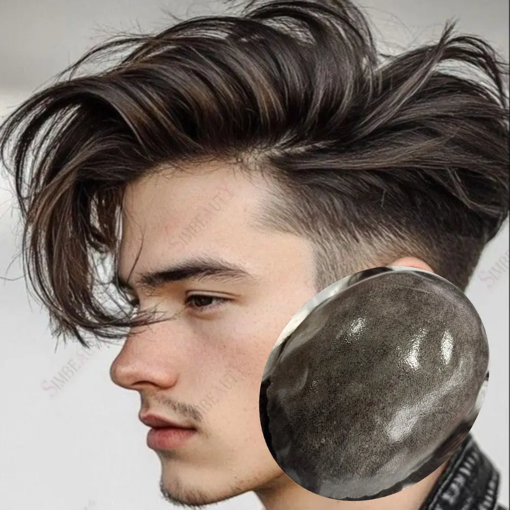 

Men's Toupee Full PU 0.1mm Thin Skin Base Men's Capillary Prosthesis Real Indian Human Hair Dark Brwon 1b80 Grey Black Hairpiece