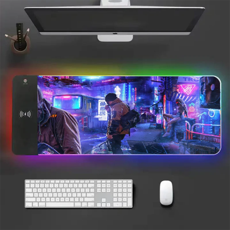 

Desk Mat Cyberpunk Mouse Pad Rgb Pads Gaming Setup Accessories Design Mats 15w Wireless Charger Mousepad Non-slip Office Carpet