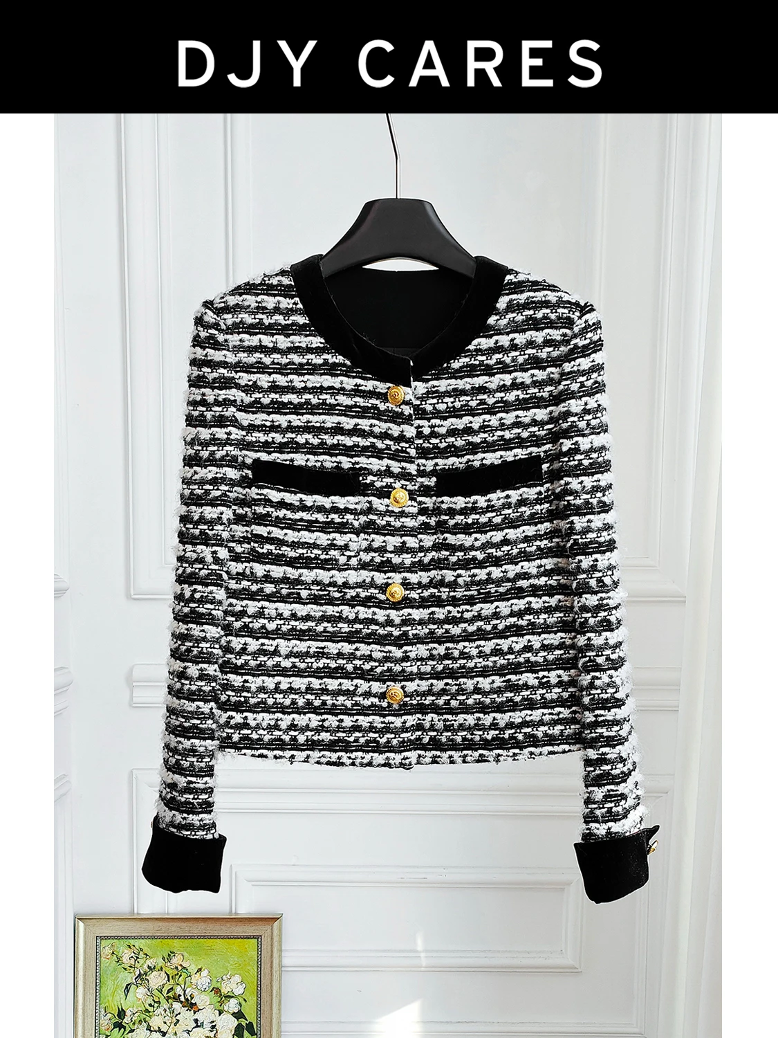 

New Coarse woolen velvet patchwork jacket round neck socialite top big size