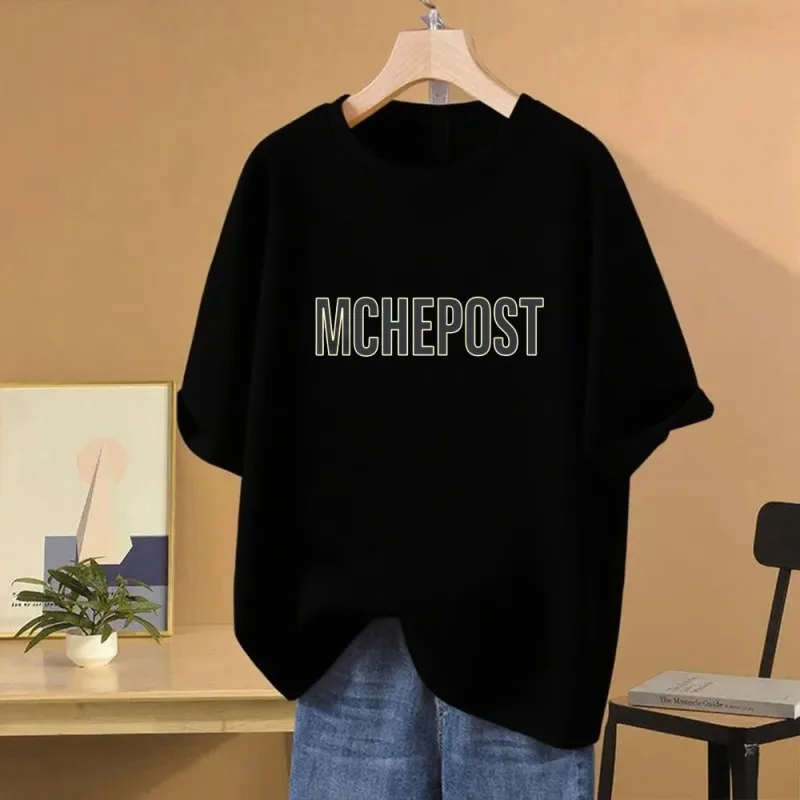 Women's Loose Cotton Printed Short Sleeved Top with MCHEPOST Text Pattern Print Suitable for Spring and Summer
