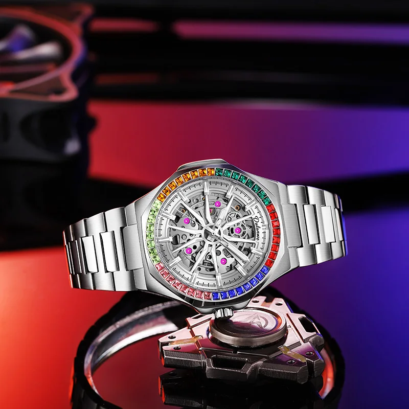 

DULUNWE Diamond-set Automatic Mechanical Watch Skeletonized Hip Hop Wristwatch, Sporty Men's Leather Strap Montre Pour Homme