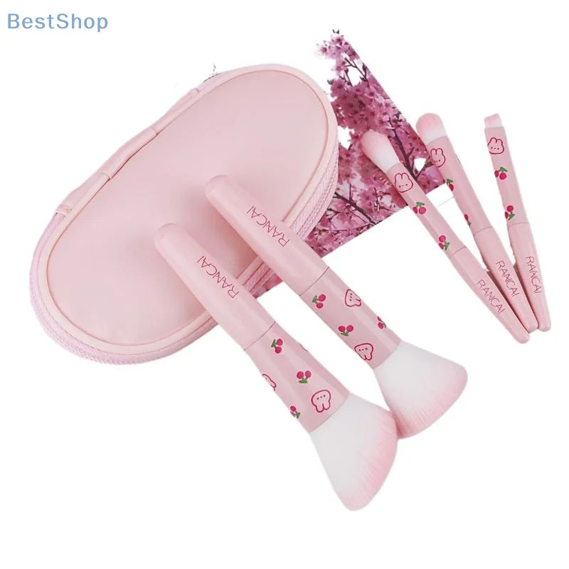 (●'◡'●)%(●'◡'●)5-piece Mini Pink Makeup Brush Set With Makeup Bag,Suitable For Flawless Foundation, Blush, Eyeshadow
