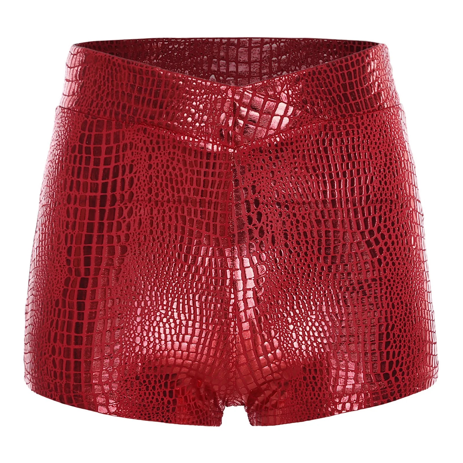 女性光沢のあるスリムホットパンツ弾性ウエストバンドヘビ革プリントメタリックブーティショーツダンス衣装音楽祭用日常着