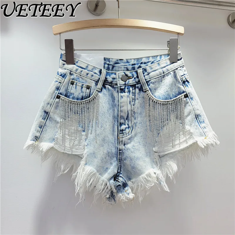 

Heavy Industry Tassel Rhinestone Denim Shorts Women's New Summer High Waist Loose Slimming Diamond Ripped Wide-Legged Hot Pants