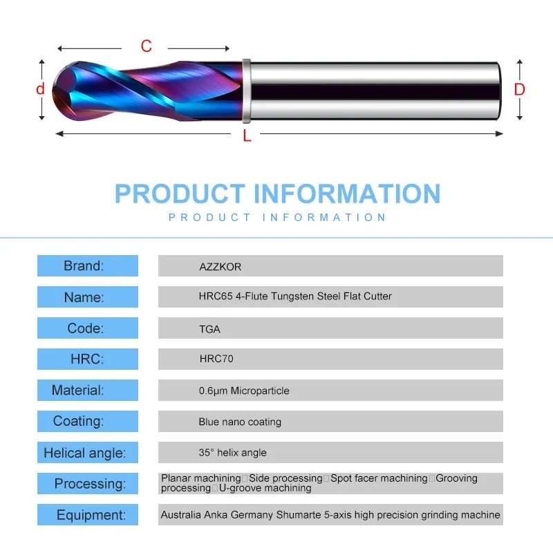 ROMTIC-TGA-HRC70 de carburo de tungsteno de acero, molino de extremo de bola de recubrimiento Nano azul, mecanizado mecánico CNC, herramientas de corte de fresado