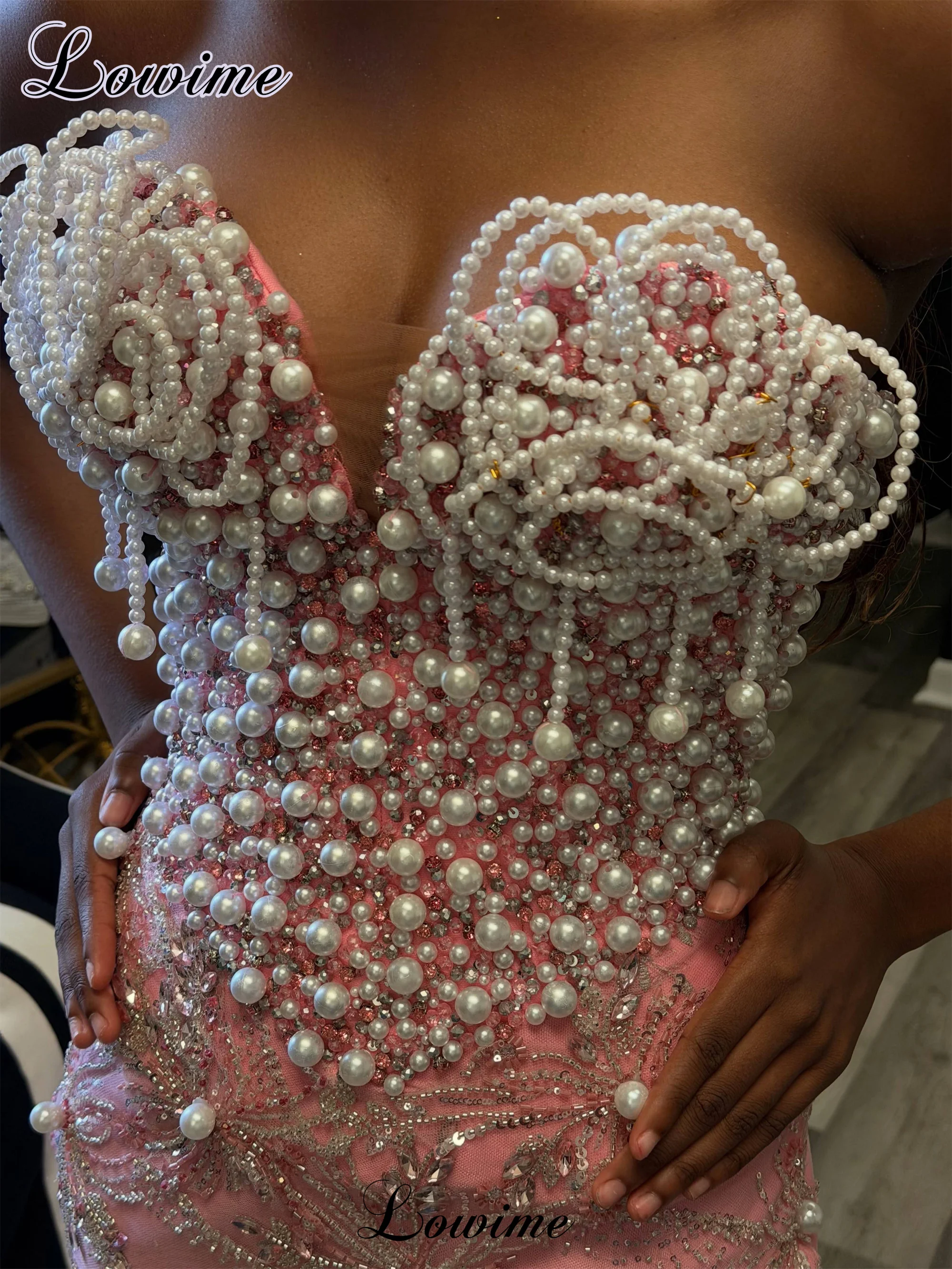 

Elegant Pink Pearls Prom Dresses Mermaid Sweetheart Birthday Dresses Crystals Evening Party Dresses 2026 Robe Femme Customized