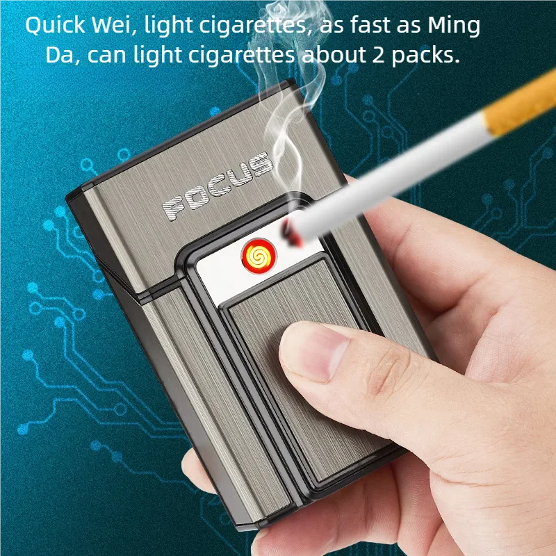 

Hot Selling Aluminum Alloy Classic Cigarette Box Rechargeable Cigarette Lighter 20 Cigarette Box Metal Pull Gadgets for Men