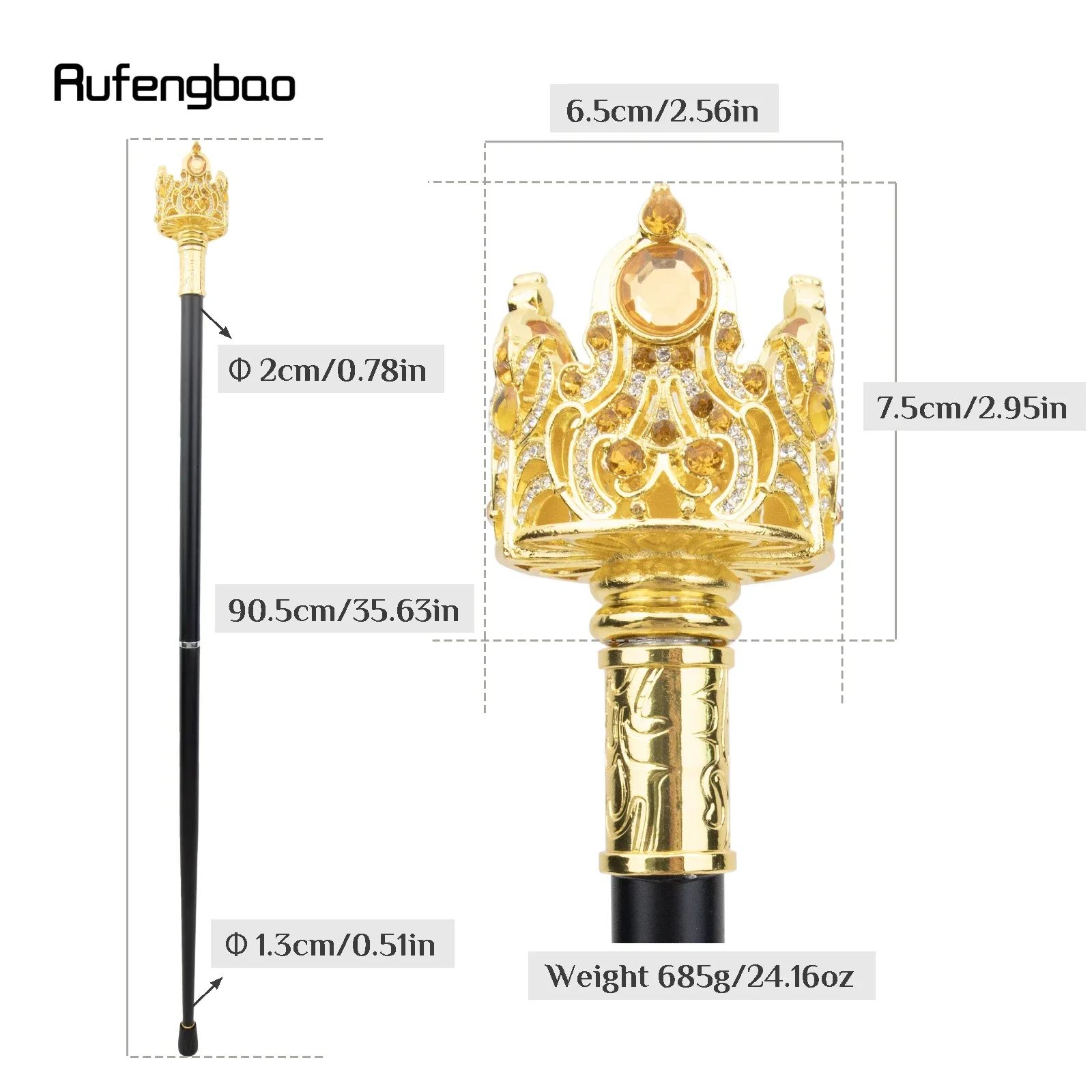 Golden Crown Artificial Diamond Walking Cane Fashion Decorative Walking Stick Gentleman Performance stage Cane 90cm