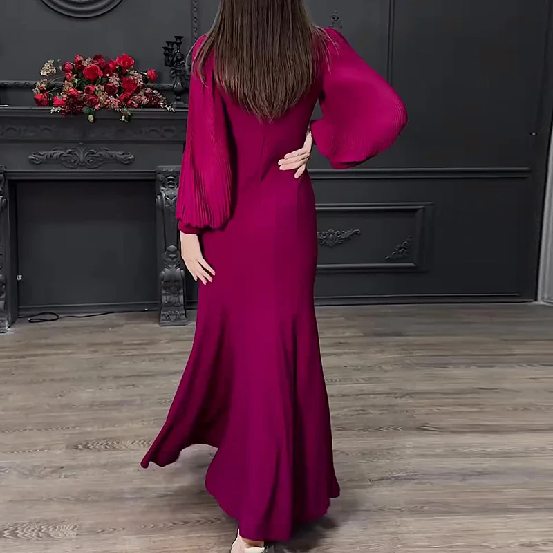 Vestido elegante de fiesta trompeta con lentejuelas y cuello en V para mujer, vestido largo plisado de cintura alta liso de primavera, vestido largo acampanado con mangas abullonadas de otoño