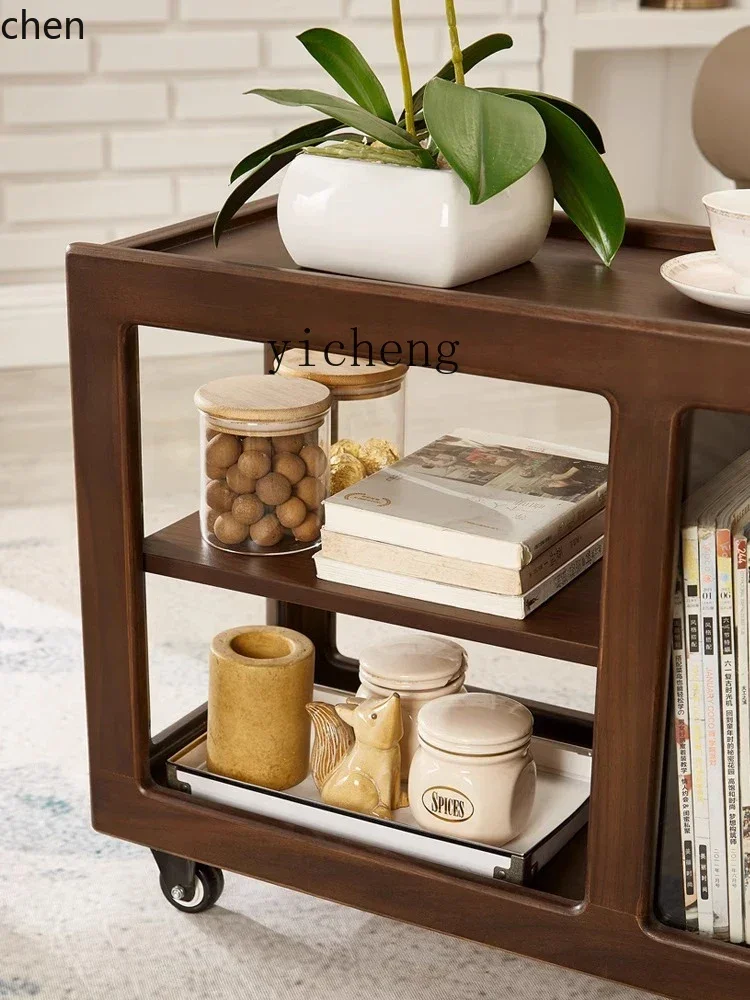 ZML中世風無垢材カートソファサイドキャビネットモバイルコーヒーテーブル（キャスター付き）ブラックウォルナットダイニングカーホーム