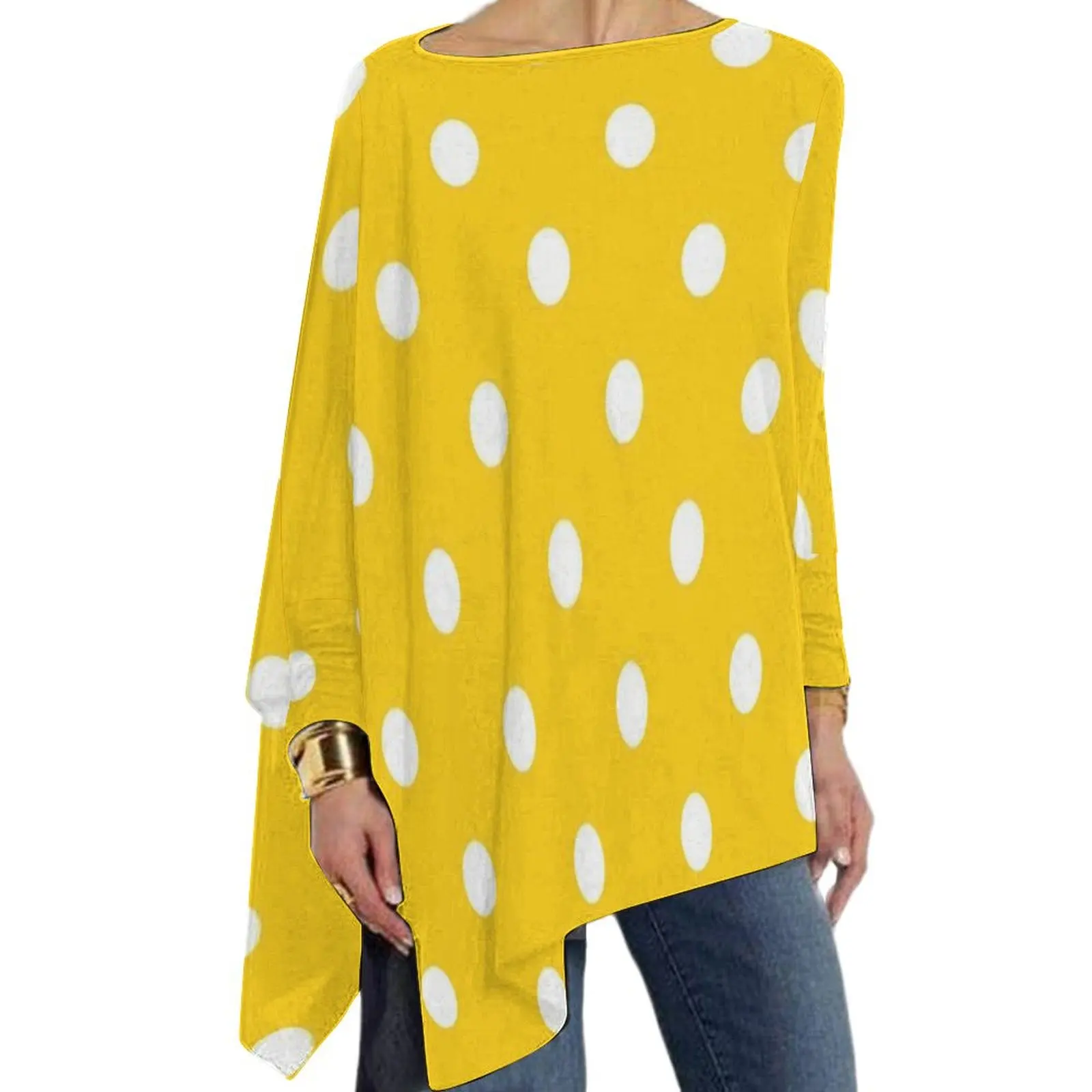 Yellow Polka Dots T Shirt Retro Print Y2K Long Sleeve T Shirts Womens Streetwear Tee Shirt Oversize Design Clothing