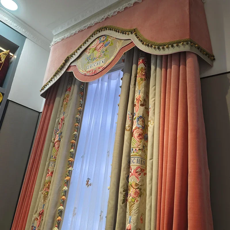Custom Villa Cream Embroidered Window Screen Pink Velvet Thickened Splicing Curtains For Living Room Bedroom French Window
