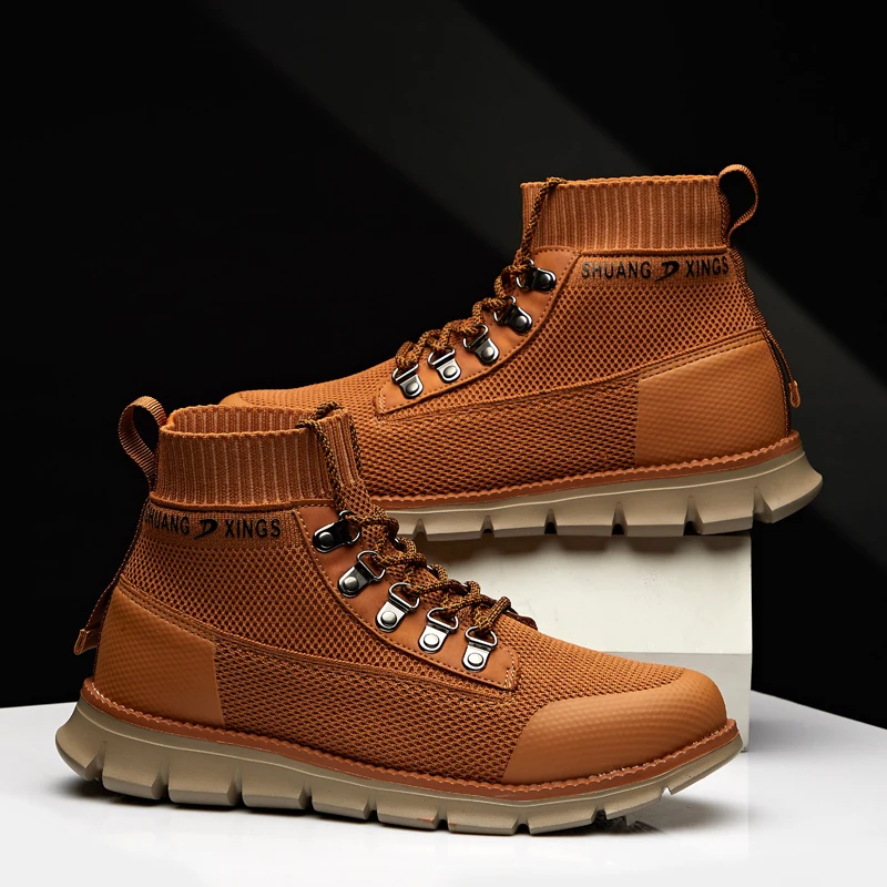 

Men's Casual Boot Flying Woven Man Martin Work Bota 2022 High Top Warm Ankle Boot Spring Autumn Outdoor Walking Brogue Shoes 48