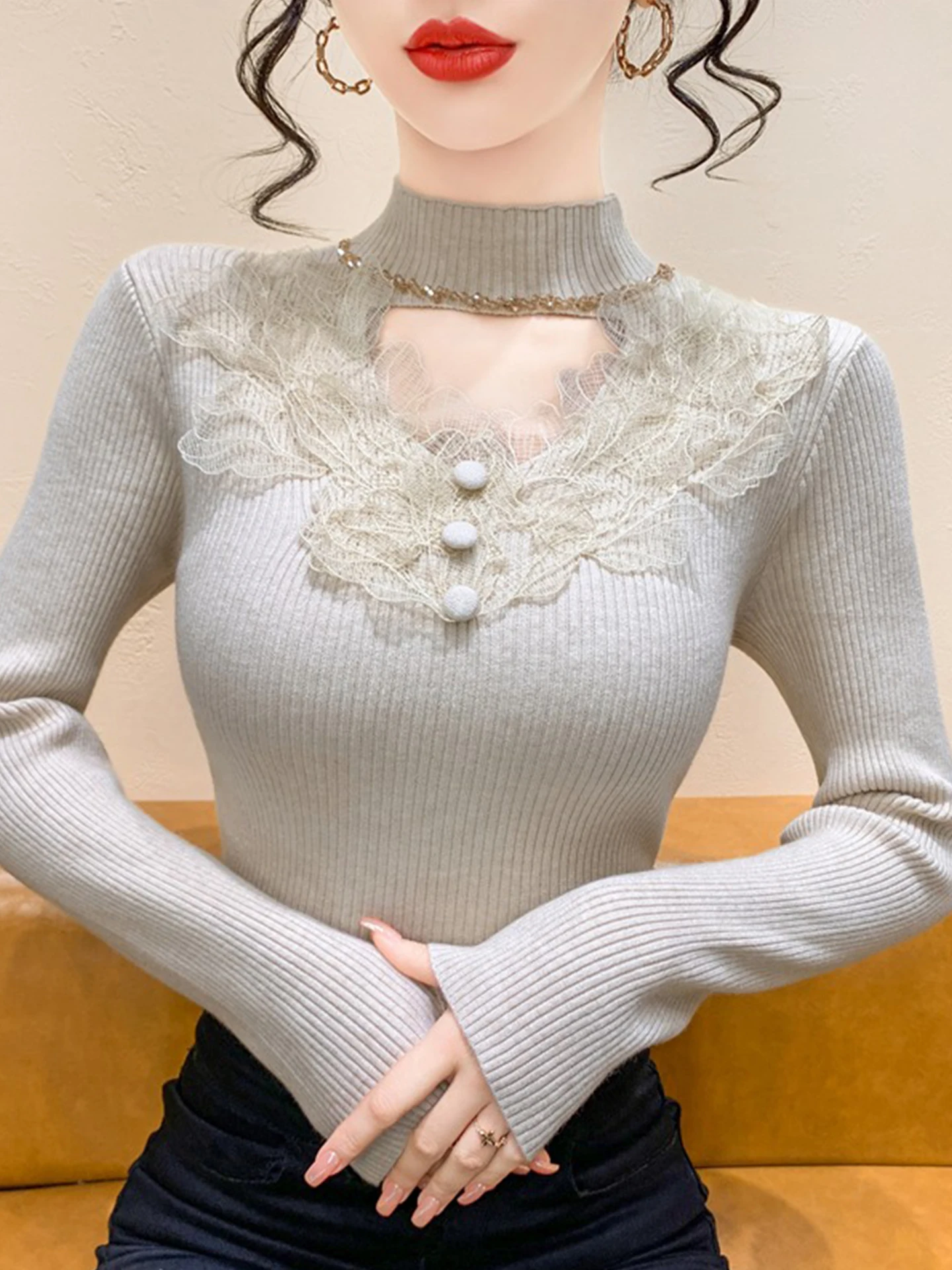레이스 스플라이싱 홀로우 아웃 스팽글 하이 칼라 니트 스웨터 여성용 가을 겨울 슬림 핏 베이스 셔츠 한국 스타일 출퇴근용