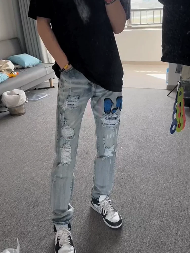 

Модные мужские джинсы в стиле High Street с вышивкой и нашивками, зауженные, повседневные, длинные брюки, стильный бренд