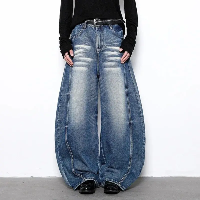 

Deep Blue Curved Knife Jeans Women's Loose Straight Leg Wide Leg Pants Retro American Sle Autumn New Arrival Cotton Polyest...