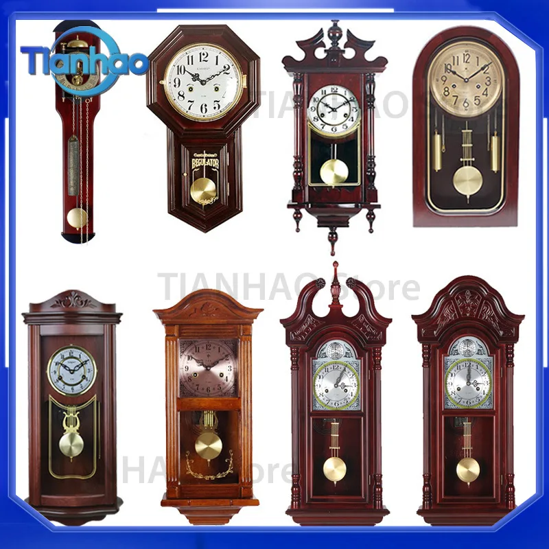 Antique Style Wall Clock for Living Room with Feng Shui Design Solid Wood Mechanical Pendulum Clock with Bronze Movement