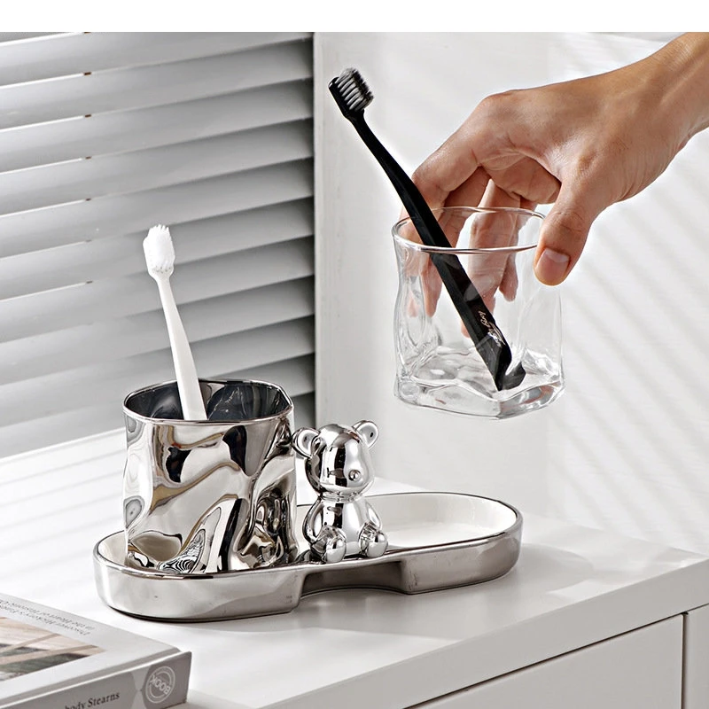 

Luxury Glass Ceramic Mouthwash Cup Set Couple Washing Toothbrush Holder Modern Style Home Bathroom Accessories
