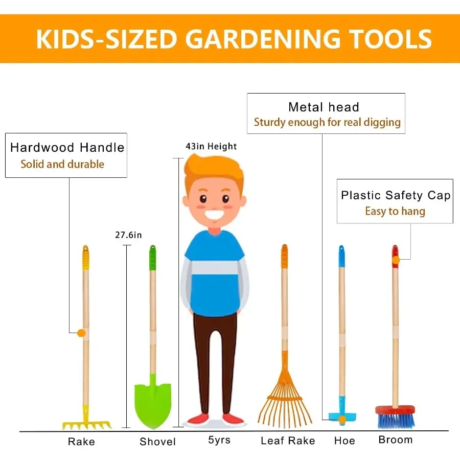 Rastrello a pala per foglie Zappa e scopa 5 pezzi Attrezzi da giardino Giardinaggio Cortile Giocattolo da esterno Regali per ragazzi Ragazze di età 3 4 5 6 7 8 Ye