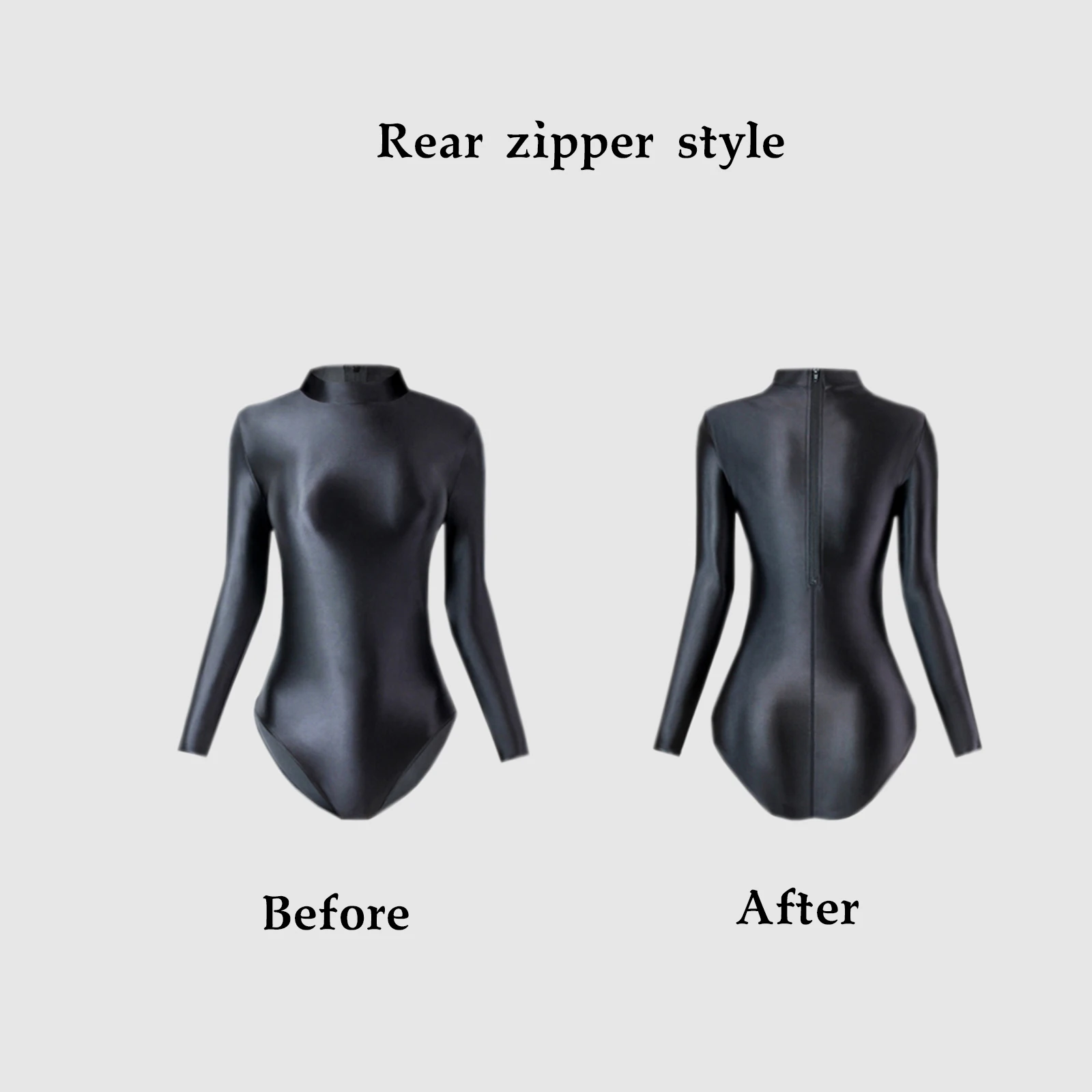 Sexy Glossy Women's One-Piece Swimsuit Silky Shiny Long-Sleeved Zip-Back High Fork Tights Leotard Swimwear