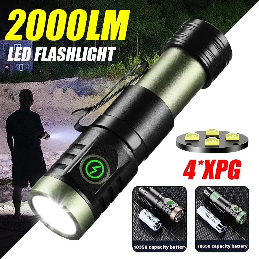 Powerful 2000LM LED Flashlight Super Bright Portable Type-C Rechargeable Mini Tactical Flashlight with Tail Magnet Camping Lamp